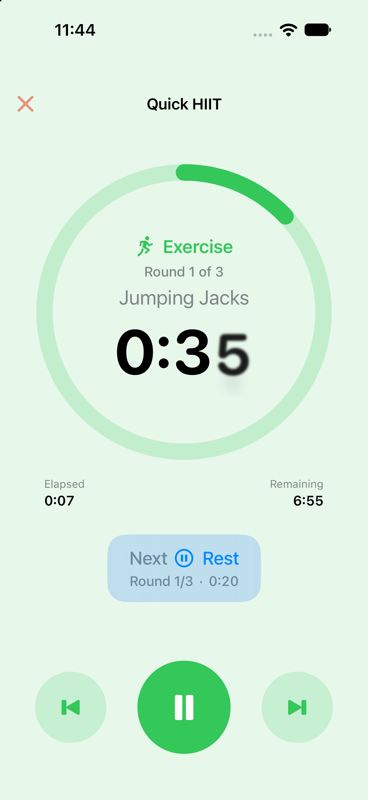 IntervalSmith active workout timer with progress ring and stage countdown