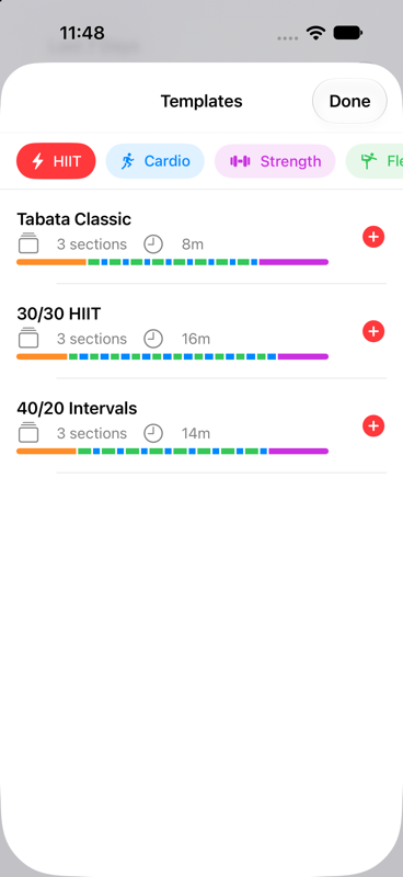 IntervalSmith template library with HIIT, cardio, strength, flexibility, and sports workouts