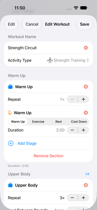 IntervalSmith workout editor showing sections and stages