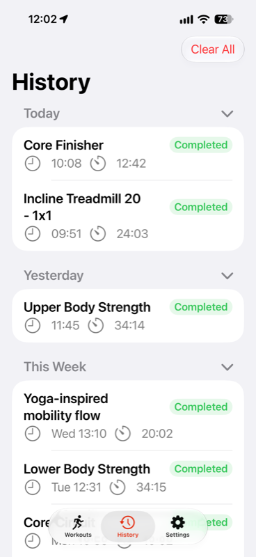 IntervalSmith workout history grouped by day and week