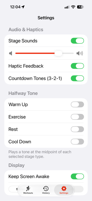 IntervalSmith settings screen
